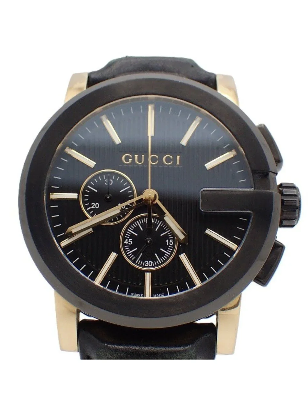 Gucci 101.2 Chronograph Quartz Watch Gold Black Dial Leather Strap Pawn